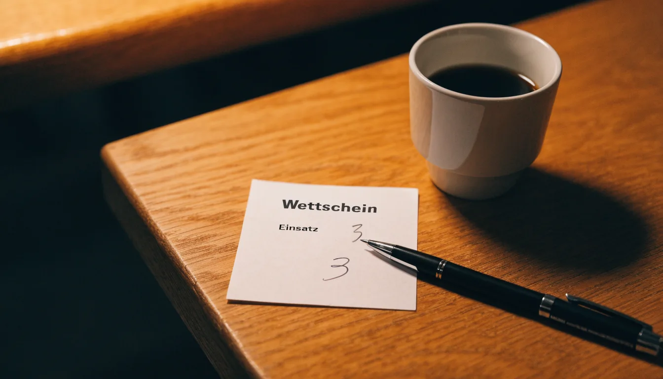 Ein leerer Papierwettschein und ein Kugelschreiber liegen auf einem Holztisch neben einer Tasse, warmes Licht einer Lampe.