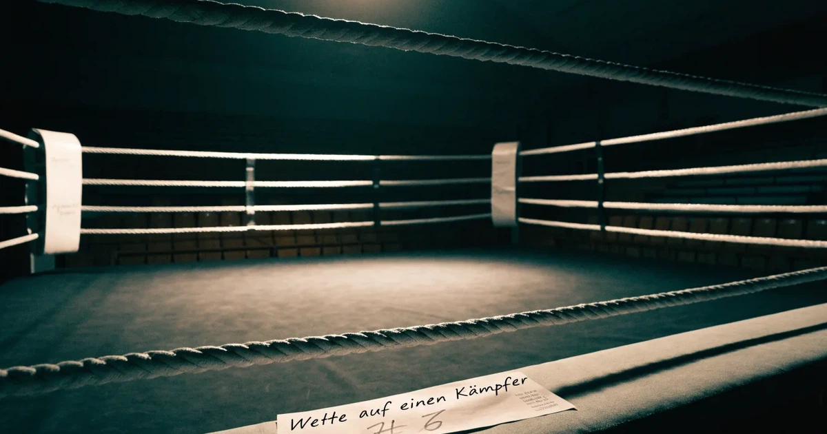 Ein Boxring mit gespannten Seilen in einer leeren Halle, ein einzelner Scheinwerfer leuchtet von oben auf die Ringmatte.