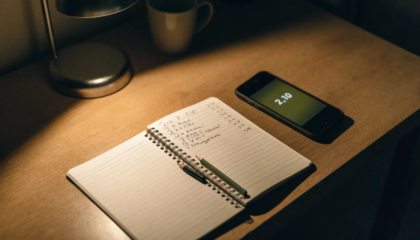 Ein Notizbuch mit handschriftlichen Notizen und ein Bleistift liegen neben einer Tischlampe auf einem Schreibtisch, ruhiges Abendlicht.