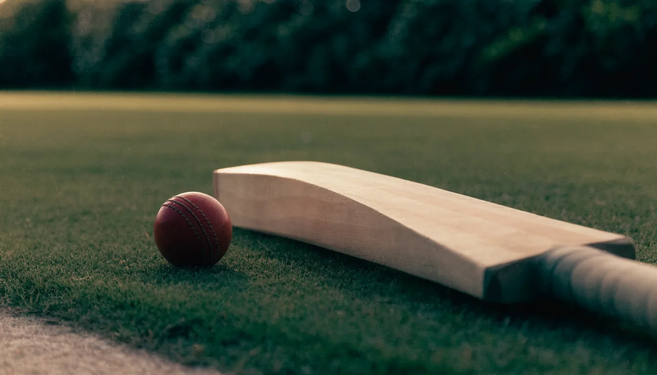 Ein Cricketschläger aus hellem Holz und ein roter Lederball liegen auf kurzem Rasen, weiches Abendlicht.