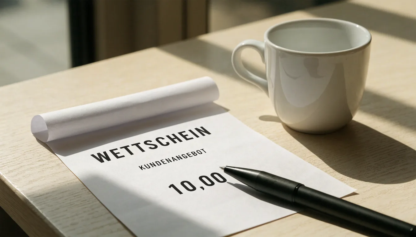 Ein leerer Wettschein aus Papier liegt neben einem Kugelschreiber und einer Tasse auf einem hellen Holztisch.