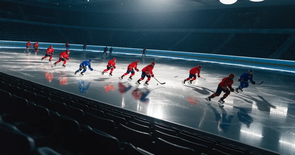 Eine Eishockeyhalle von der Tribüne aus gesehen, spiegelglatte Eisfläche, Banden ohne Schriftzüge, helles Flutlicht.