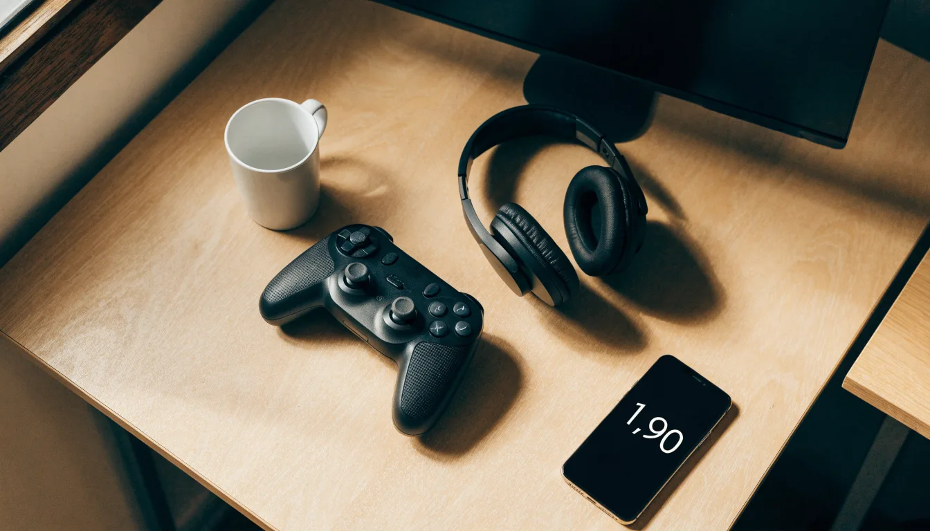 Ein Gamepad und ein Headset liegen auf einem Schreibtisch neben einer Tasse, der Bildschirm im Hintergrund ist ausgeschaltet.