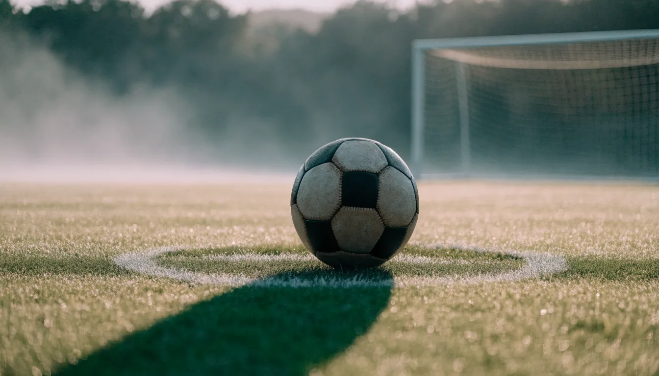 Ein Fußball liegt auf dem Elfmeterpunkt eines leeren Rasenplatzes, im Hintergrund unscharf ein Tor im Morgendunst.