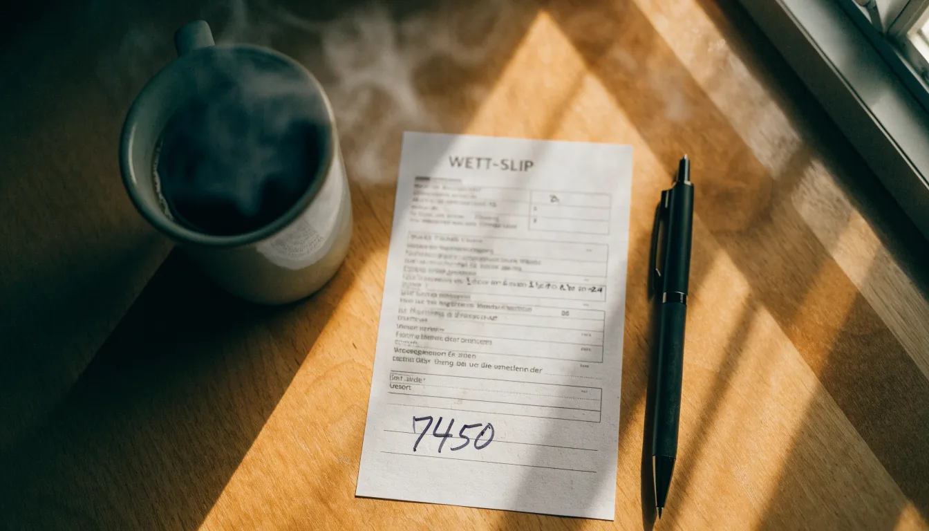 Ein leerer Wettschein aus Papier liegt neben einem Kugelschreiber und einer Tasse auf einem hellen Holztisch.