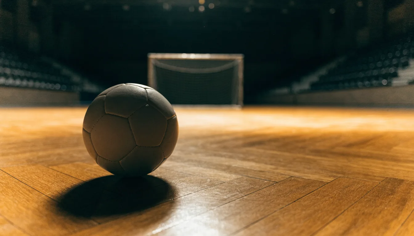 Ein kleiner schwerer Ball liegt in einer Halle auf dem Parkett vor einem Tor, warmes Licht aus den Deckenstrahlern.
