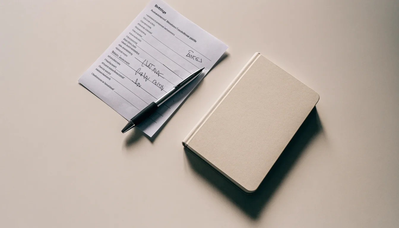 Ein leerer Papierwettschein und ein Kugelschreiber liegen auf einer glatten Schreibtischplatte neben einem Notizbuch.
