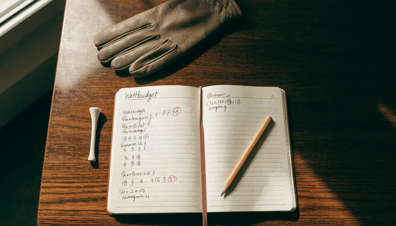 Ein Notizbuch mit handschriftlichen Notizen und ein Bleistift liegen neben einem Golfhandschuh und einem Tee auf einem Holztisch.