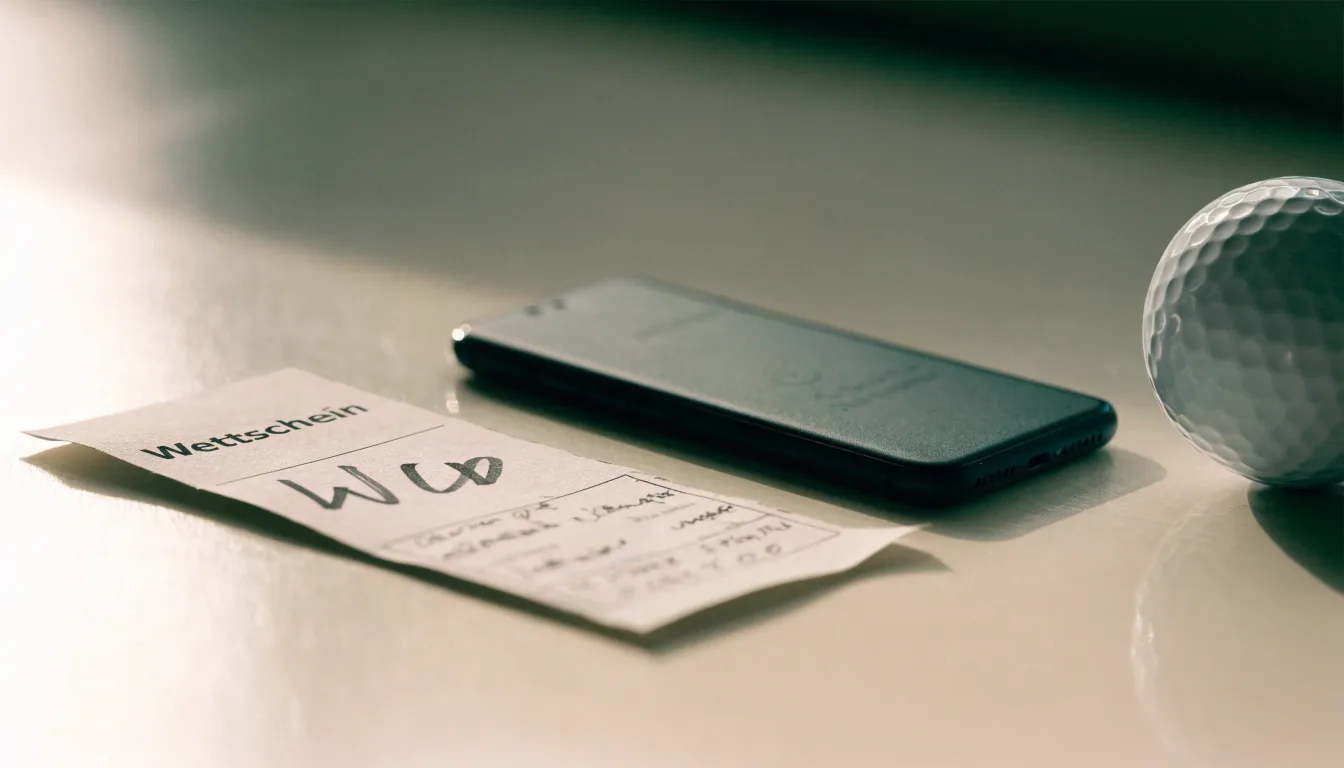 Ein leerer Wettschein aus Papier liegt neben einem Smartphone mit dunklem Display auf einem Tisch, daneben ein einzelner Golfball.