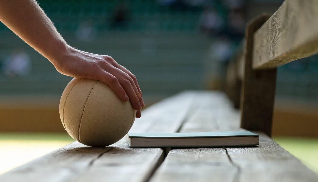 Eine Hand hält einen Handball, im Hintergrund eine unscharfe Tribüne, daneben liegt ein Notizblock auf einer Bank.