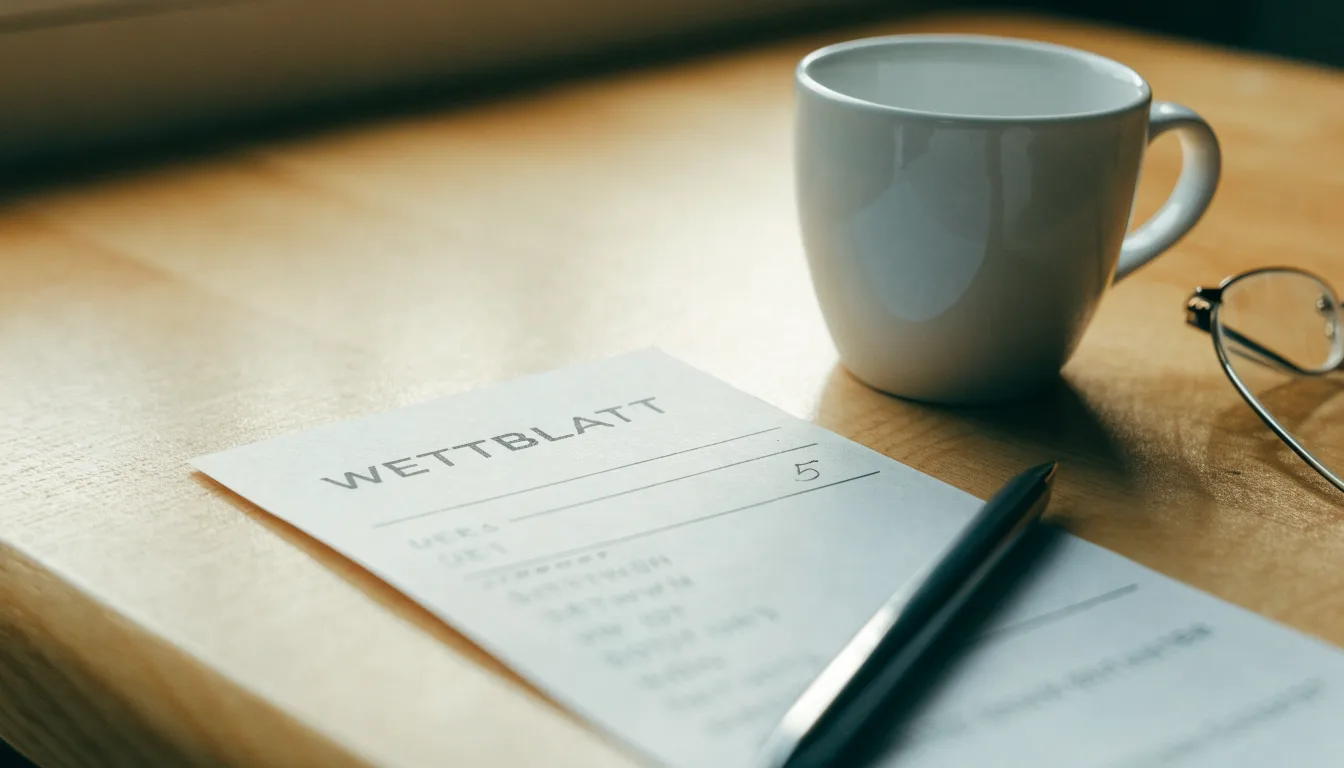 Ein leerer Wettschein aus Papier und ein Kugelschreiber liegen auf einem Schreibtisch neben einer Tasse Kaffee im Tageslicht.