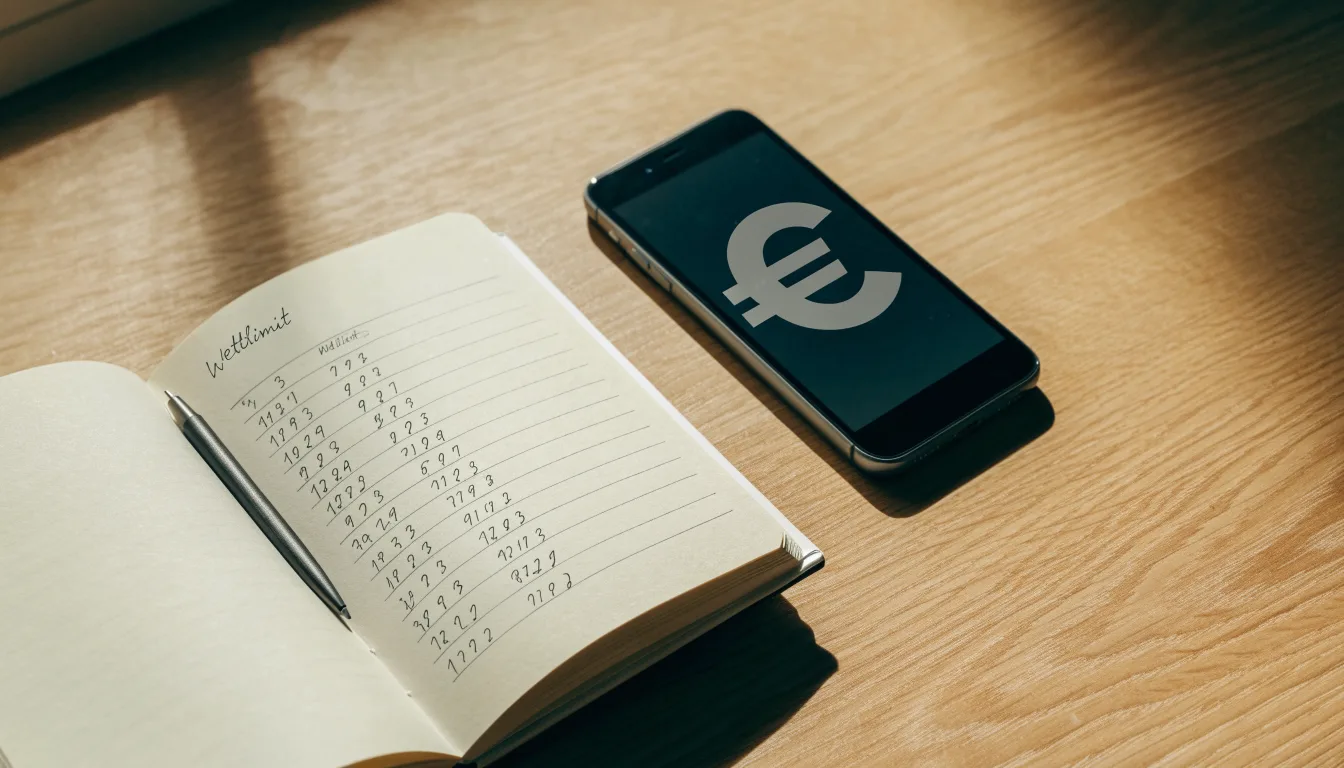 Ein Notizbuch mit handschriftlichen Notizen und ein Stift liegen auf einem Holztisch neben einem Smartphone mit dunklem Bildschirm.