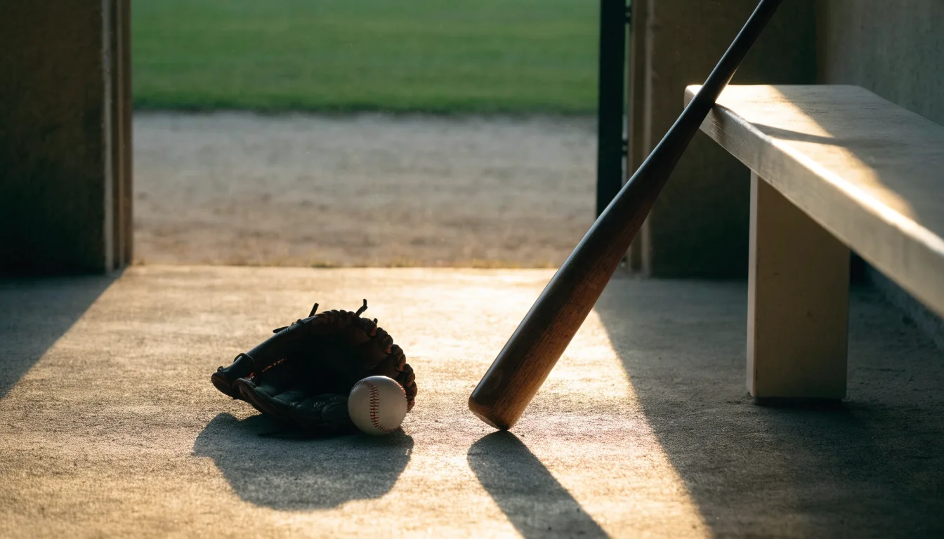 Ein Baseballschläger lehnt an einer Bank im Dugout, daneben liegen ein Handschuh und ein Ball im Licht der Nachmittagssonne.