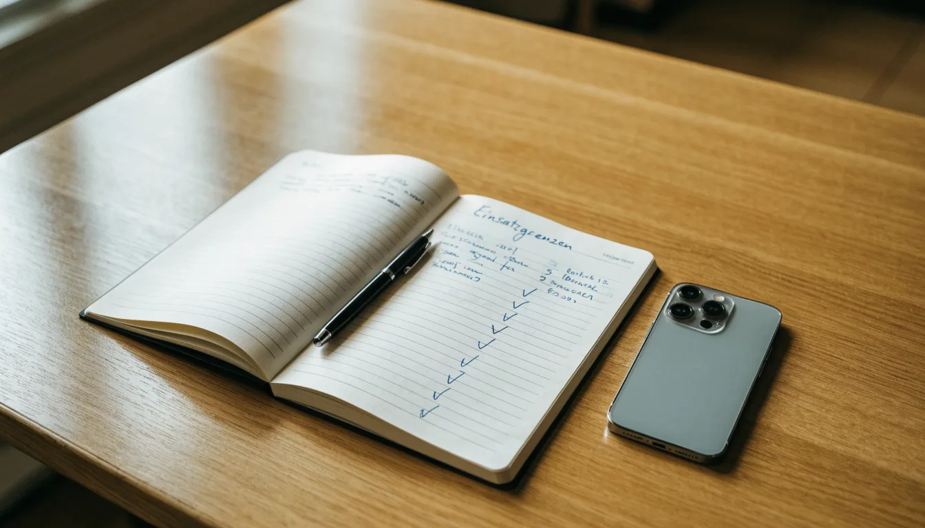Ein Smartphone mit dunklem Display liegt neben einem Notizbuch und einem Kugelschreiber auf einem Tisch.