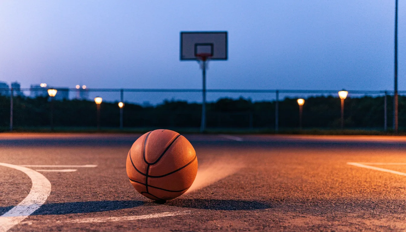Ein Basketball rollt auf einem Freiluftplatz in der Abenddämmerung zu einem Korb, die Straßenlaternen leuchten bereits.