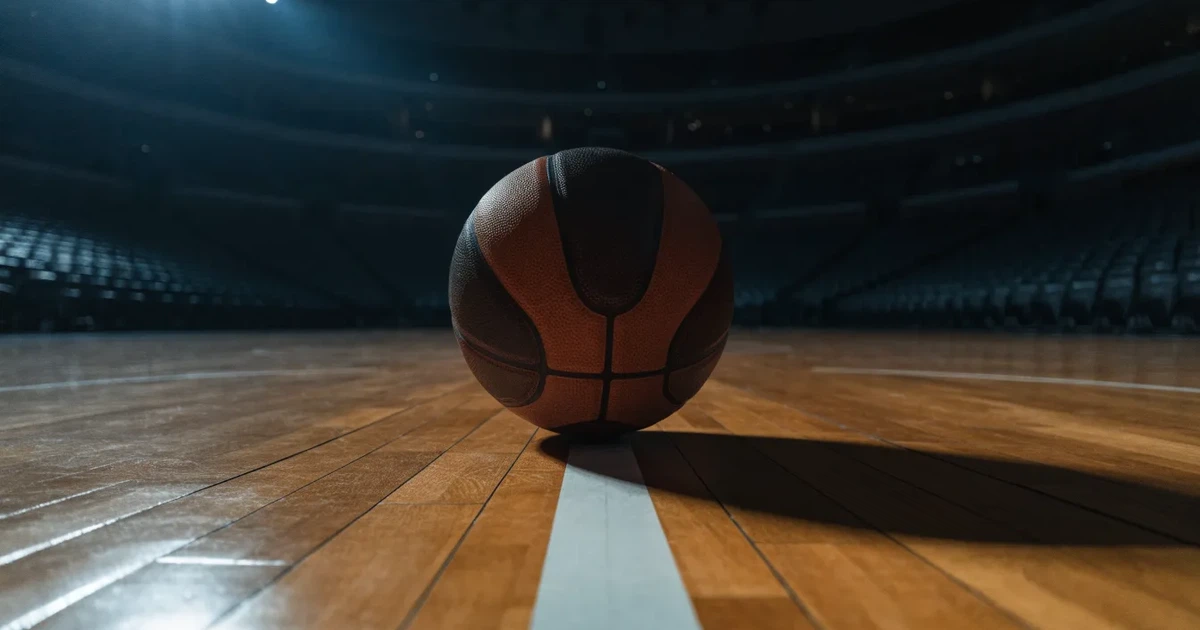 Ein Basketball liegt auf dem Parkettboden einer leeren Arena, Scheinwerfer werfen Licht auf die Mittellinie.