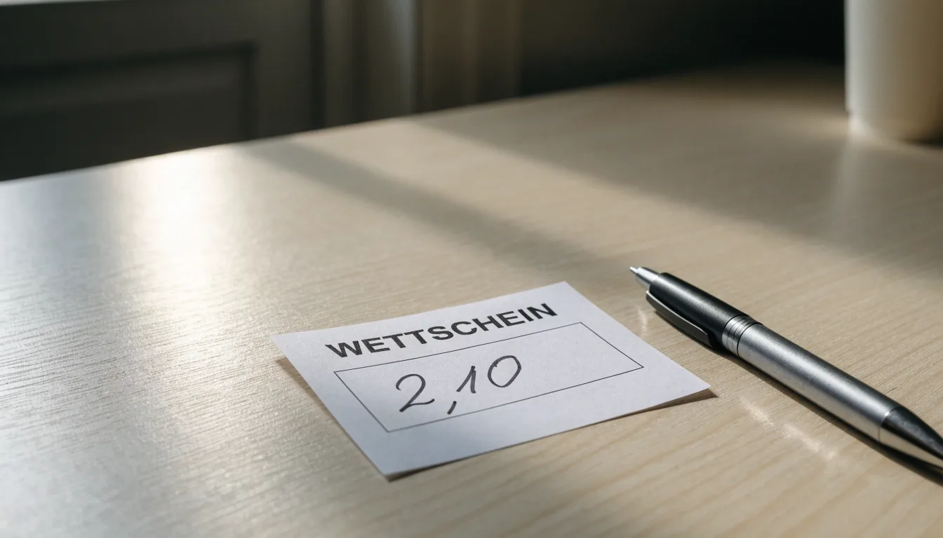 Ein leerer Wettschein aus Papier liegt neben einem Kugelschreiber auf einem Schreibtisch im Tageslicht.
