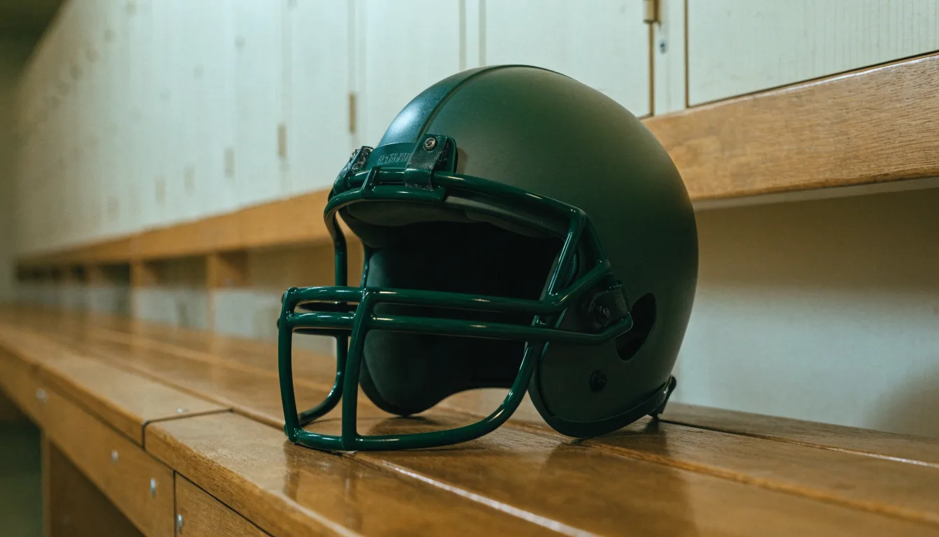 Ein neutraler Footballhelm ohne Aufdruck steht auf einer Holzbank in einer Umkleidekabine.