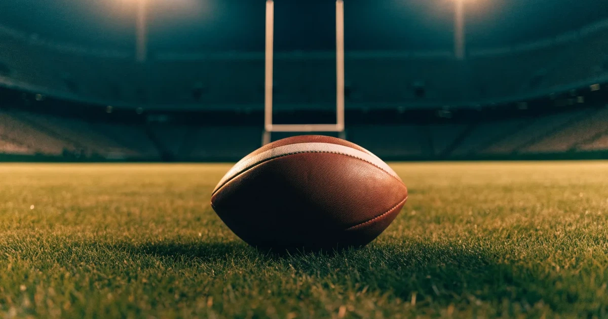 Ein American Football liegt auf dem Rasen eines leeren Stadions unter Flutlicht, die Torstangen ragen im Hintergrund auf.