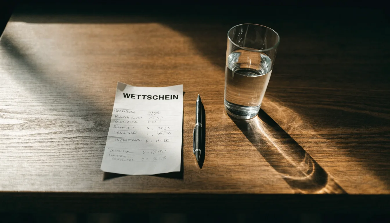 Ein leerer Wettschein aus Papier liegt neben einem Stift auf einem Tisch, daneben ein Glas Wasser.