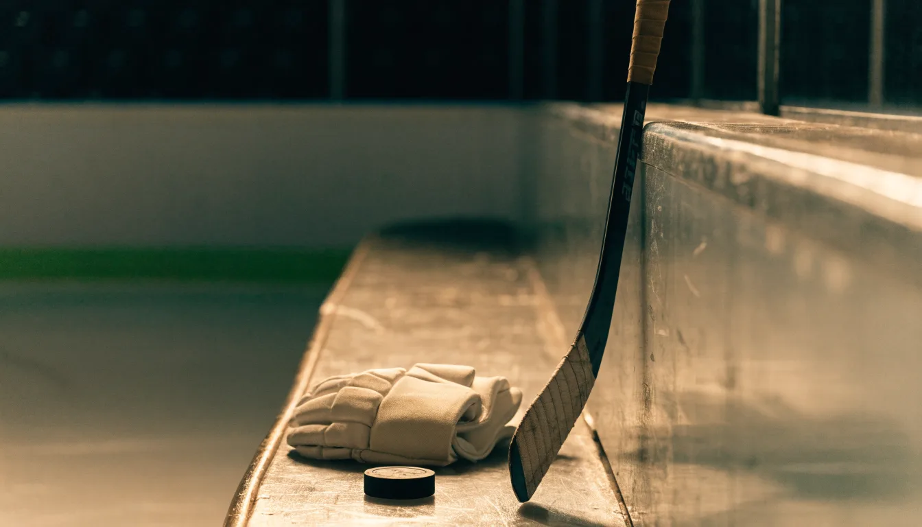 Ein Eishockeyschläger lehnt an einer Bande, daneben liegen ein Puck und ein Paar Handschuhe in einer Eishalle.