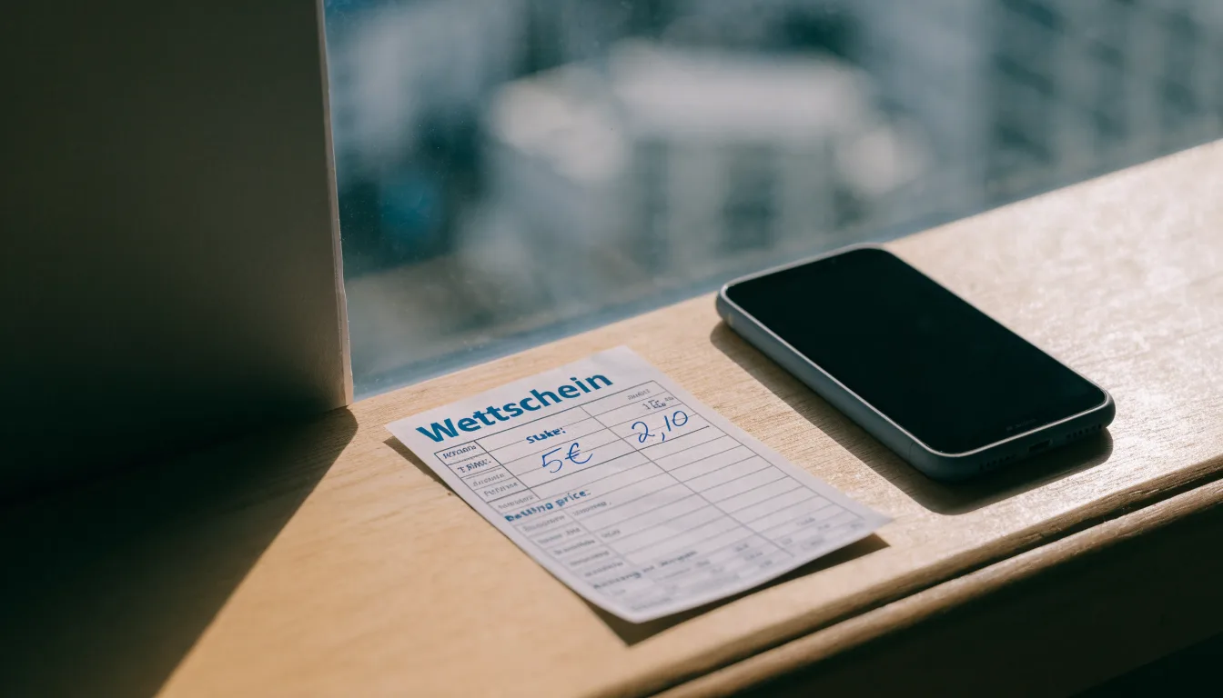 Ein leerer Wettschein aus Papier und ein Smartphone mit dunklem Display liegen auf einer Fensterbank im Tageslicht.