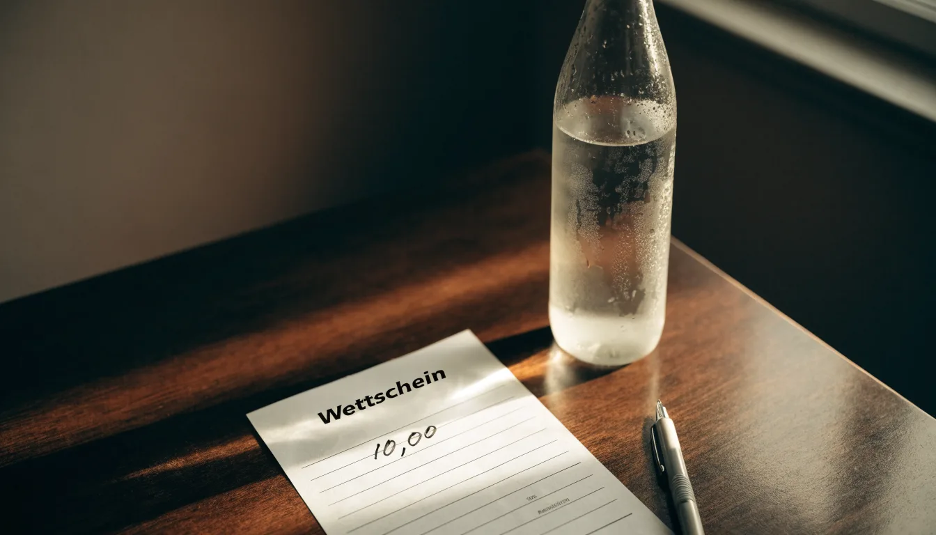 Ein leerer Wettschein aus Papier liegt neben einer Trinkflasche und einem Stift auf einem Tisch.
