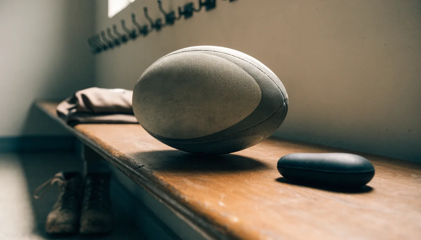 Ein Rugbyball und ein Mundschutz liegen auf einer Holzbank neben einer Reihe Kleiderhaken in einer Umkleide.