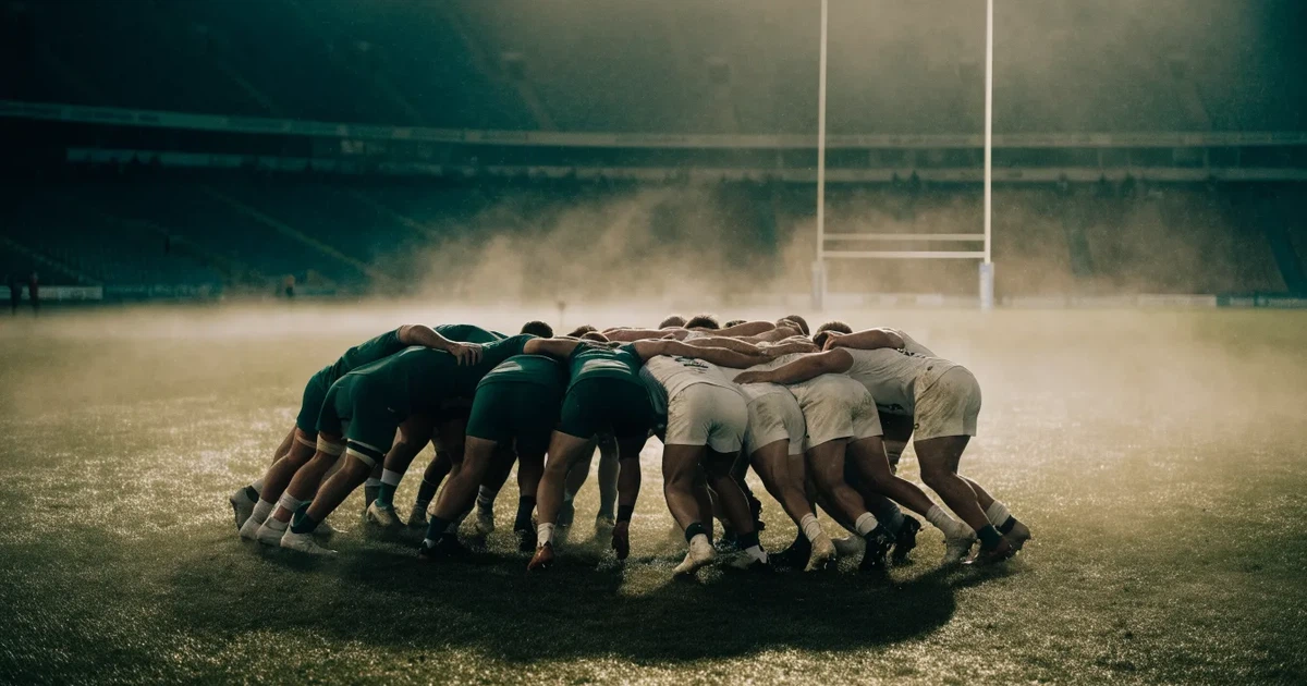 Ein ovaler Rugbyball liegt vor den hohen Torstangen auf nassem Rasen, über dem Stadion zieht Nebel auf.