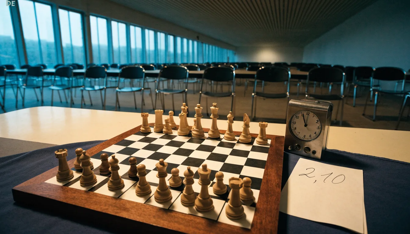 Ein Schachbrett und eine Schachuhr stehen auf einem Tisch in einem leeren Turniersaal, die Stühle sind ordentlich zurückgeschoben.