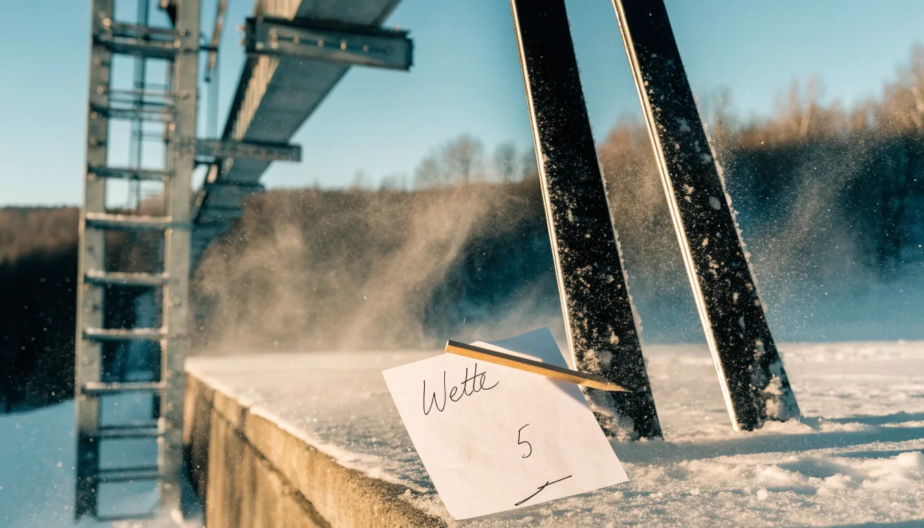 Ein Paar Skier steckt aufrecht im Schnee neben einem Anlaufturm, im Hintergrund wirbelt feiner Schnee im Wind.