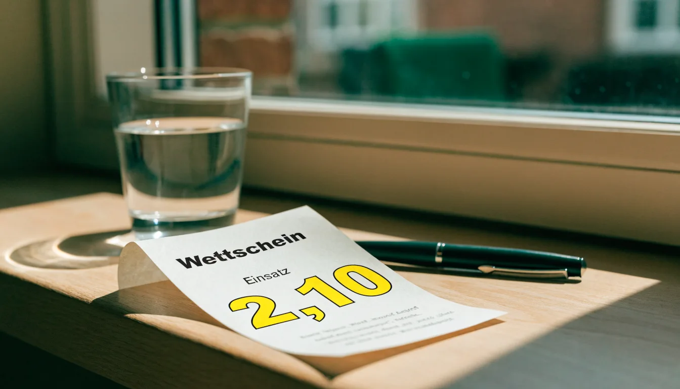 Ein leerer Wettschein aus Papier und ein Kugelschreiber liegen neben einem Glas Wasser auf einer Fensterbank.