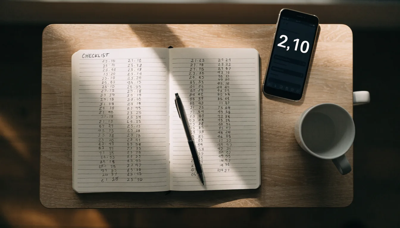 Ein aufgeschlagenes Notizbuch mit handschriftlichen Rechnungen liegt neben Stift und Smartphone auf einem Holztisch im Tageslicht.