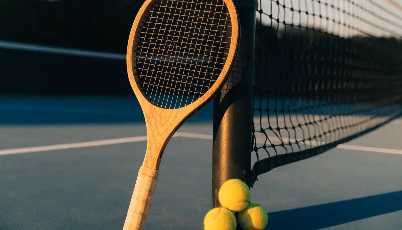 Ein Tennisschläger lehnt an einem Netzpfosten, daneben liegen drei Bälle auf einem Hartplatz in warmem Nachmittagslicht.