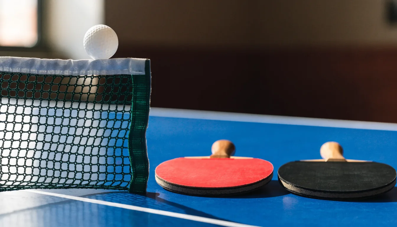 Ein weißer Ball liegt in Nahaufnahme auf der Netzkante einer Tischtennisplatte, daneben zwei Holzschläger mit rotem und schwarzem Belag.