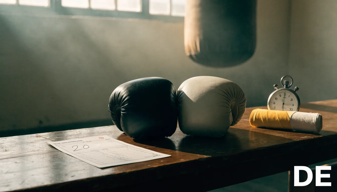 Ein Paar Kampfhandschuhe und eine Stoppuhr liegen auf einer Bank im Trainingsraum neben einer aufgerollten Handbandage.