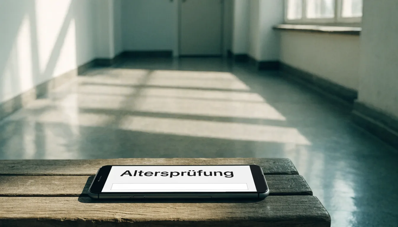 Ein heller Flur in einem Verwaltungsgebäude mit einer leeren Holzbank und einem Fenster, durch das Morgenlicht fällt.