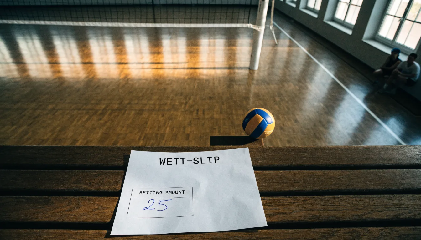 Eine leere Sporthalle mit gespanntem Volleyballnetz und glänzendem Parkett, durch hohe Fenster fällt Tageslicht.