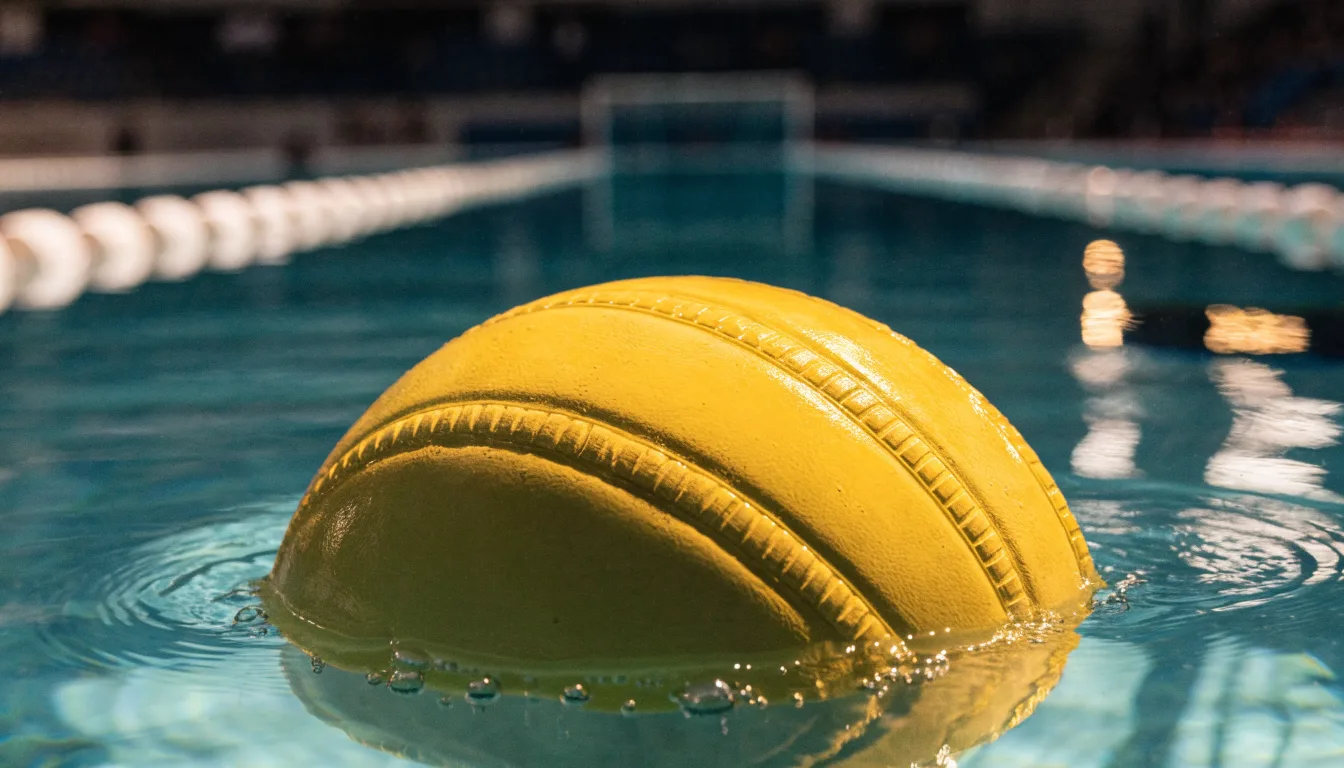 Ein gelber Wasserball treibt in Nahaufnahme auf der Wasseroberfläche neben einer Leine mit Bojen.
