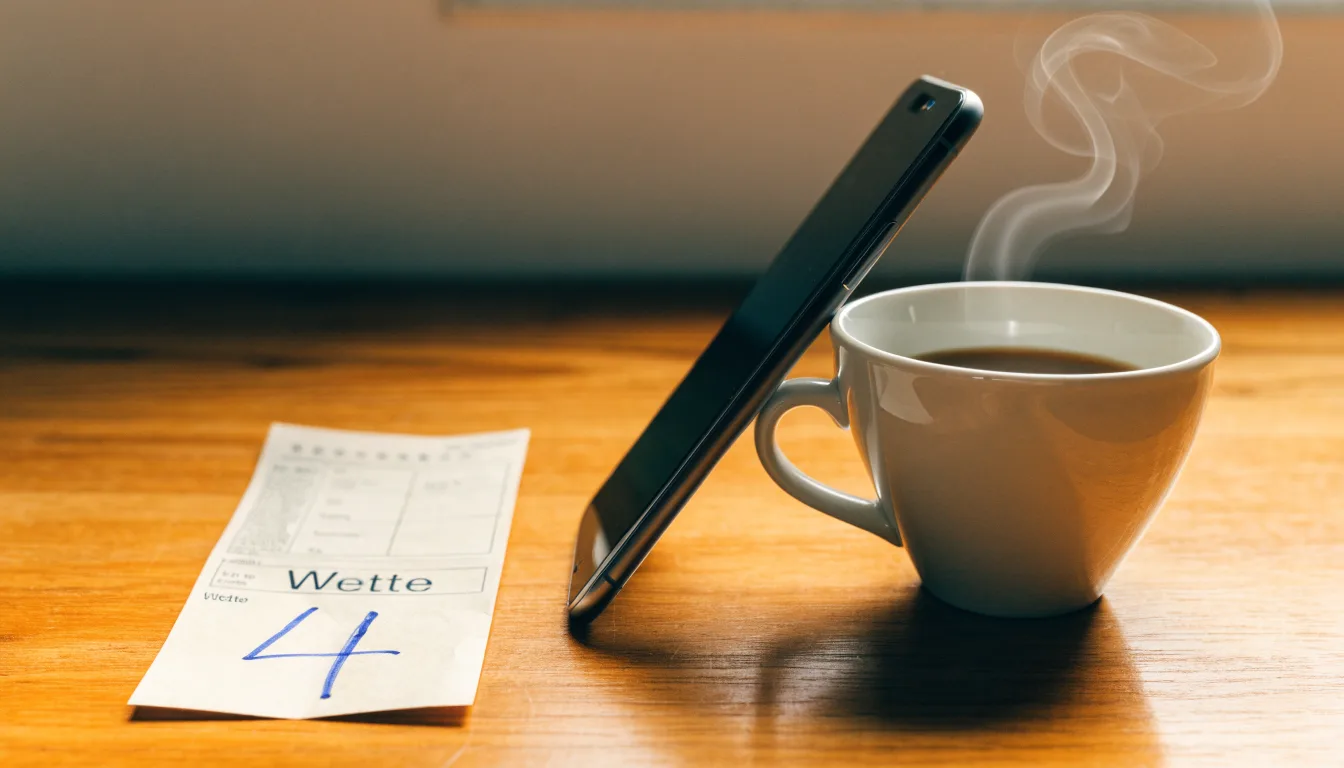 Ein Smartphone mit dunklem Bildschirm lehnt an einer Kaffeetasse auf einem Holztisch, daneben ein blanker Papier-Wettschein.