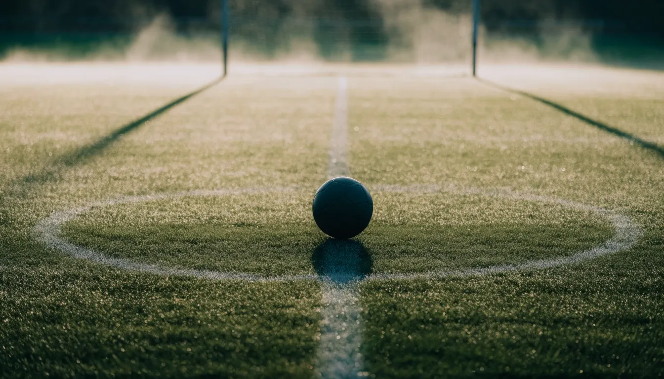 Ein Fußball liegt auf dem Anstoßpunkt eines Rasenplatzes im ersten Morgenlicht, Tau glänzt auf dem Gras.