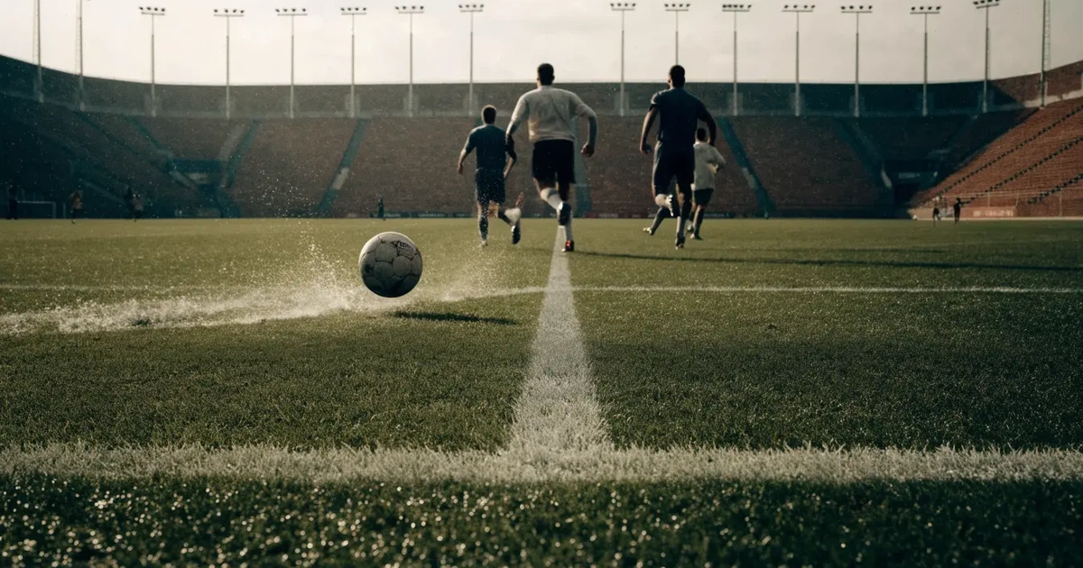 Ein englisches Fußballstadion mit rotbraunen Backsteintribünen unter bedecktem Himmel, davor ein nasser Rasen mit Spielfeldlinien.