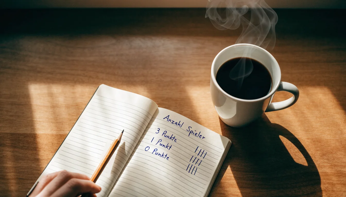 Ein Taschenrechner und ein Bleistift liegen auf einem handbeschriebenen Notizblock neben einer Tasse Kaffee.
