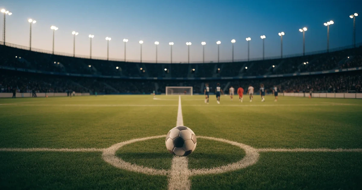 Ein Rasenplatz in der Dämmerung mit eingeschalteten Flutlichtmasten, ein Ball liegt am Anstoßpunkt, die Tribünen im Hintergrund sind unscharf.