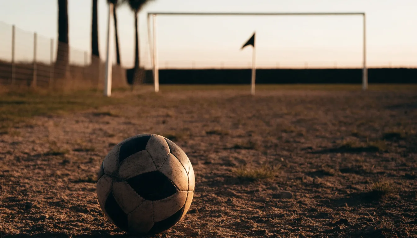 Ein Fußball liegt auf einem staubigen Bolzplatz mit Palmen im Hintergrund in warmem Abendlicht.