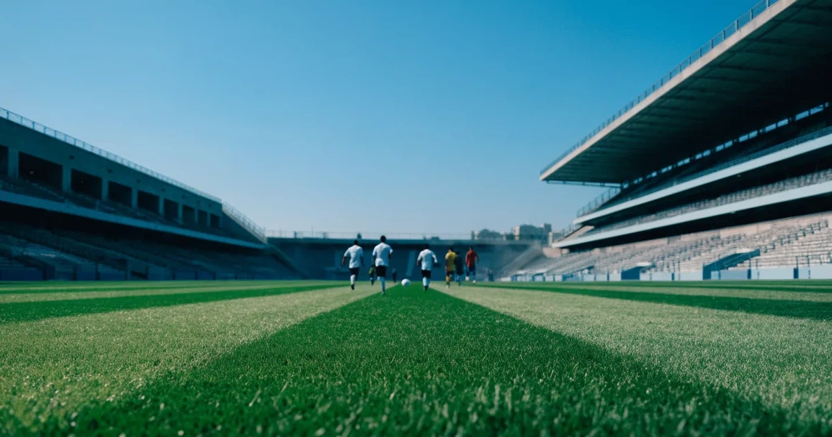 Ein Fußballstadion mit hellen Rängen unter strahlend blauem Himmel, davor ein sonnenbeschienener Rasen mit frisch gemähten Streifen.