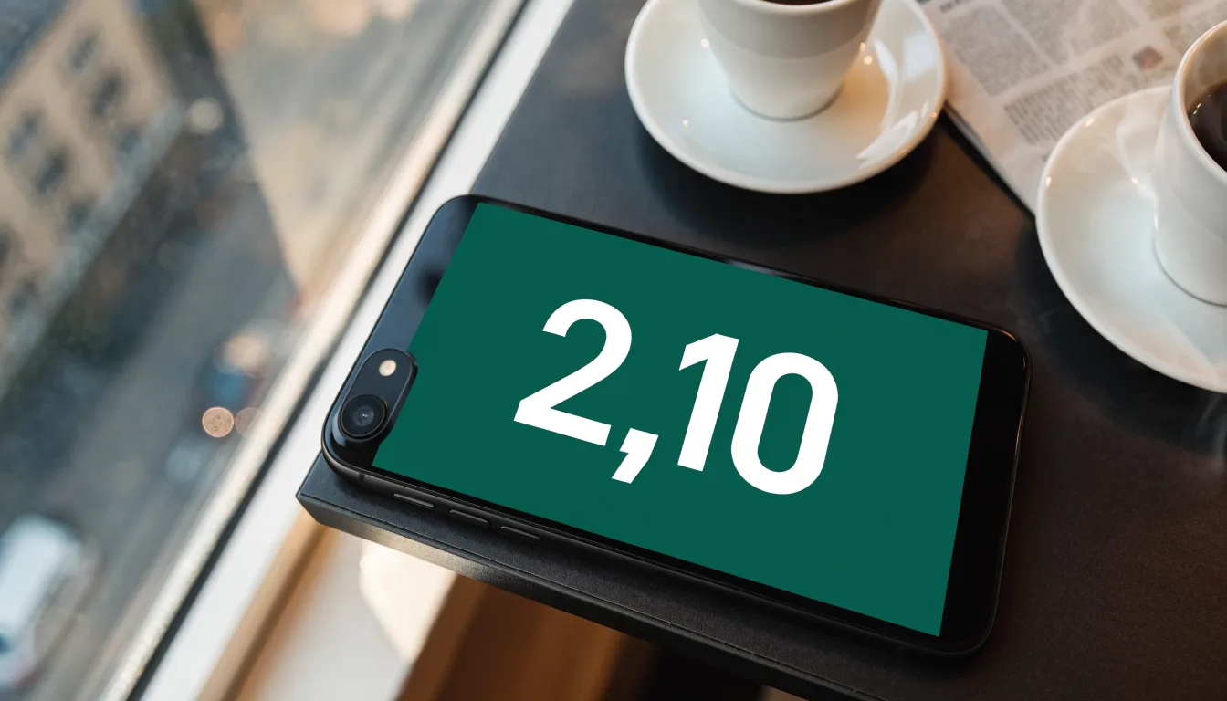 Zwei Kaffeetassen und ein dunkles Smartphone stehen auf einem Café-Tisch am Fenster im Morgenlicht.