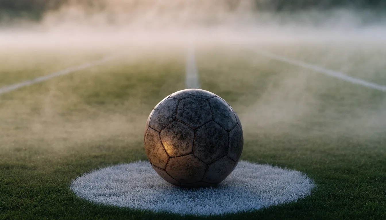 Ein abgewetzter Fußball liegt auf dem Anstoßkreis eines Naturrasens im Morgennebel.