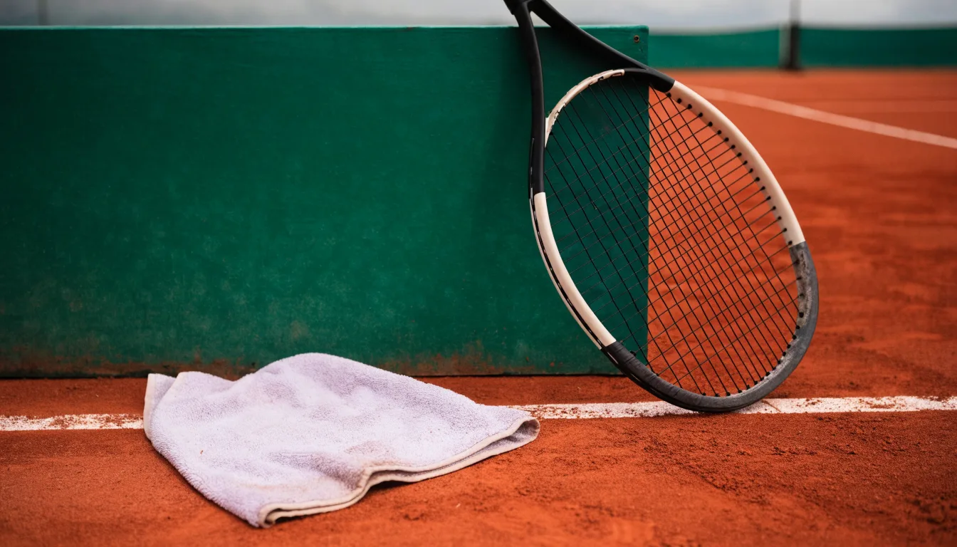 Ein Tennisschläger lehnt an einer dunkelgrünen Bande ohne Aufschrift auf einem Sandplatz, daneben liegt ein Handtuch.