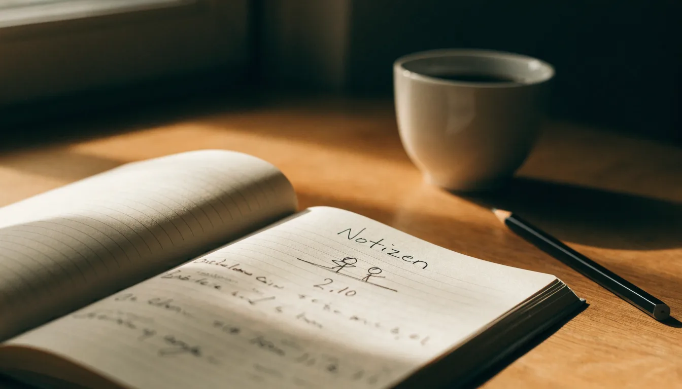 Ein aufgeschlagenes Notizbuch mit handschriftlichen Skizzen liegt neben einem Bleistift auf einem Holztisch, daneben eine Tasse Kaffee.